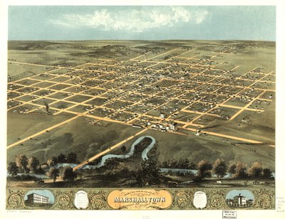 Fågelperspektiv över staden Marshalltown, Marshall Co, Iowa 1868. LOC 73693402 av A. Ruger