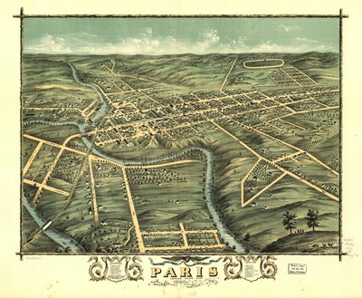 Fågelperspektiv över staden Paris, Bourbon County, Kentucky 1870. LOC 73693417 av A. Ruger