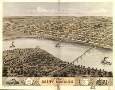 Fågelperspektiv över staden Saint Charles, St. Charles Co, Missouri 1869. LOC 73693488 av A. Ruger