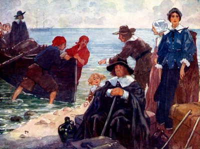 En grupp exilar förtöjer sin bark på New Englands vilda kust, 1620, 1905. av A. S. Forrest