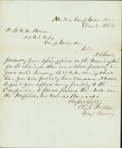 Letter signed A.S. Norton, Major Commanding, Head Quarters, Camp Yates, Ill., to 1st Lieutenant W.M. Breese, 16th U. S. Infantry, Camp Gates, Ill., December 6, 1863 av A. S. Norton