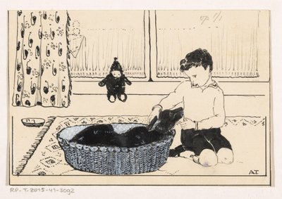 Pojke som klappar en hund av A. Tinbergen (signed by artist)