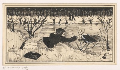 Flickan försöker rädda hunden från vaken av A. Tinbergen (signed by artist)