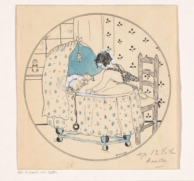 Flickan vill lyfta barnet ur spjälsängen av A. Tinbergen (signed by artist)
