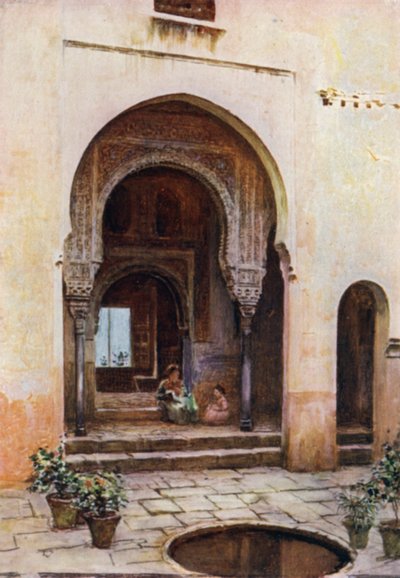Alhambra, Court of the Mexuar, West Facade (färg litho) av A. Trevor Haddon
