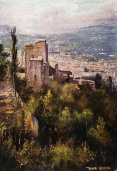 Alhambra, Vermillion Towers från vallarna (färg litho) av A. Trevor Haddon