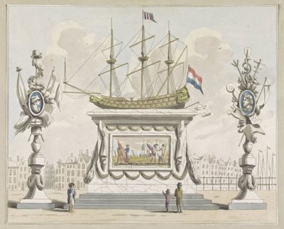 Handel och sjöfart, dekoration på Nieuwmarkt, 1795 Tio plåtar av dekorationerna vid Alliantiefeest i Amsterdam 1795 (serietitel) av A. Verkerk