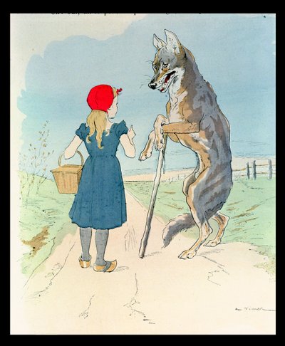 Illustration till "Rödluvan" av Charles Perrault (1628-1703) (färggravyr) av A. Vimar