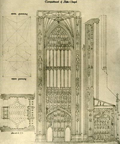 Arkitektonisk ritning: fack av Anti Chapel, 1833-1834, 1906. av A. W. N. Pugin