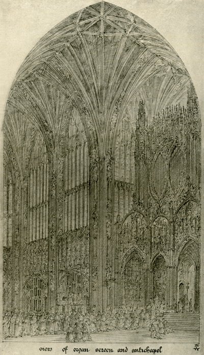 Arkitektonisk ritning: utsikt över orgelskärm och antikapel, 1833-1834, 1906. av A. W. N. Pugin