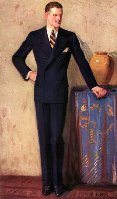 Illustration av man som bär dubbelknäppt kostym, ca 1925 (tryck) av A. Webb