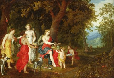 Diana och hennes jungfrur, efter jakten, 1626 av A. and Balen, H. van Govaerts