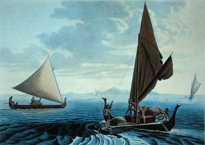 Utsikt över ön Tinian: Dugout-kanoter från Carolineöarna, från 