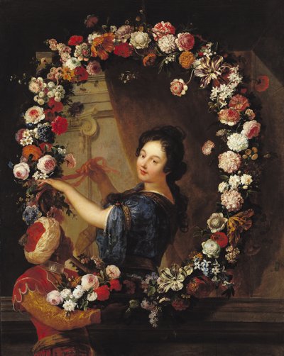 Porträtt av en kvinna omgiven av blommor, troligen Julie d