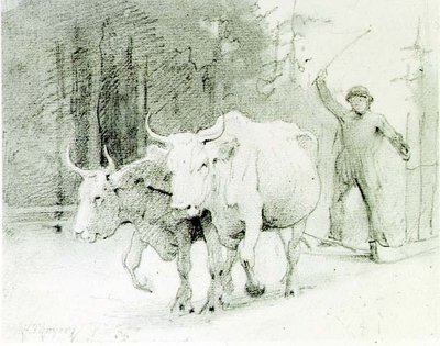 En fransk bonde som driver oxar (kol på papper) av Abbott Handerson Thayer