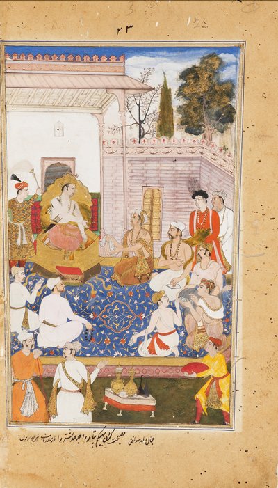 Bhishma ger Yudhishthira råd om karaktären hos de fyra varnorna, eller kasterna, 1598 av Abdul Rahim Khan I Khana