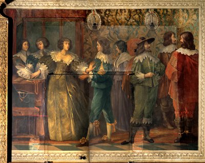 Scen av Charles de Valois (1573-1650), hertigen av Angouleme - Festscen ges i samband med Charles de Valois äktenskap med hans andra fru 1644 - En kvinna, kontaktad av en hovman, griper för att sätta henne krage - Fresco av Abrah av Abraham (after) Bosse