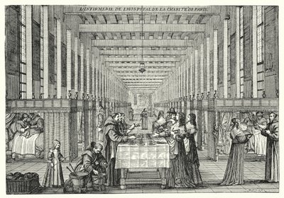 Sjukhuset i Hopital de la Charite i Paris (gravyr) av Abraham (after) Bosse