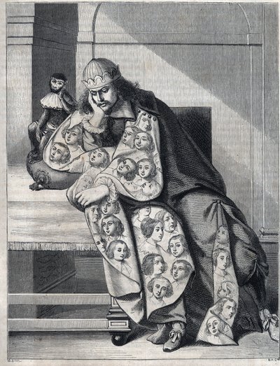Mannen fylld med illvilja: en man med en dubbel kappa av kvinnohuvuden mediterar med en apa vid sin sida. Reproduktion av ett tryck av Abraham Bosse (1604-1676). av Abraham (after) Bosse