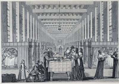 Interiörvy av sjukstugan i Hôital de la Charite (även kallat sjukhuset för Freres-de-Saint-Jean-de-Dieu), i Paris - Gravyr efter Abraham Bosse (1602-1676) - publicerad i "" 1600-talet - Institutioner: bruk och dräkter, Frankrike 1590-1 av Abraham (after) Bosse