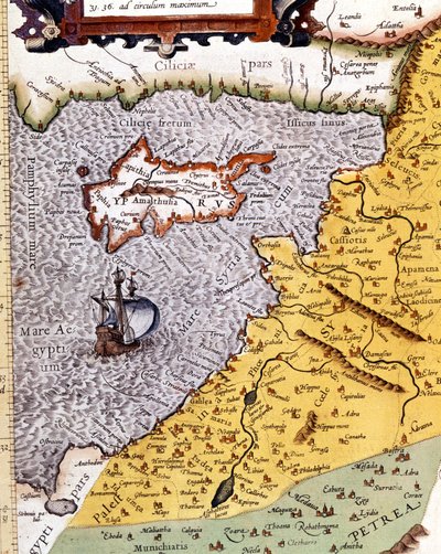 Historisk geografisk karta över Palestina enligt Atlas of Abraham Ortelius, Amsterdam av Abraham (after) Ortelius