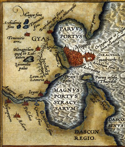 Den antika hamnen i Syrakusa på Sicilien efter Abraham Ortelius "atlas". av Abraham (after) Ortelius