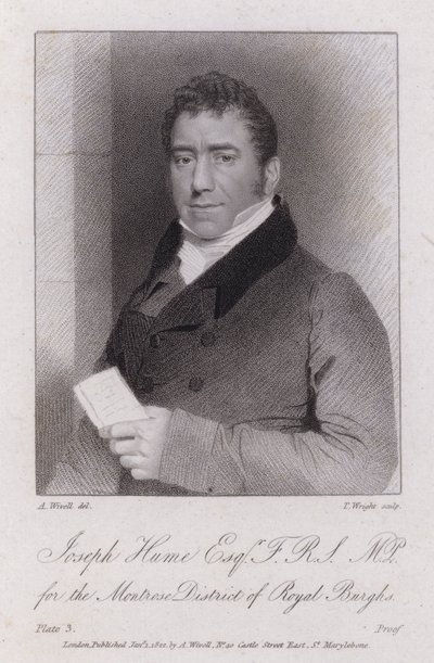 Joseph Hume, skotsk läkare, politiker och radikal parlamentsledamot (gravyr) av Abraham (after) Wivell