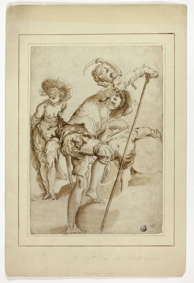 En stående soldat, en stående kvinna och en böjd trumslagare av Abraham Bloemaert