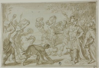 Romerska soldater stenar en orm av Abraham Bloemaert