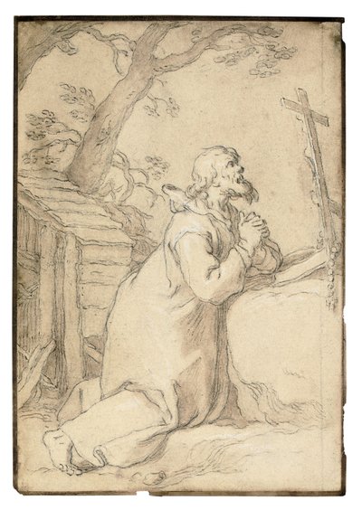 Saint Paul of Phermae knäböjer i bön framför ett krucifix (svart krita, penna och brunt bläck, brun tvätt) av Abraham Bloemaert