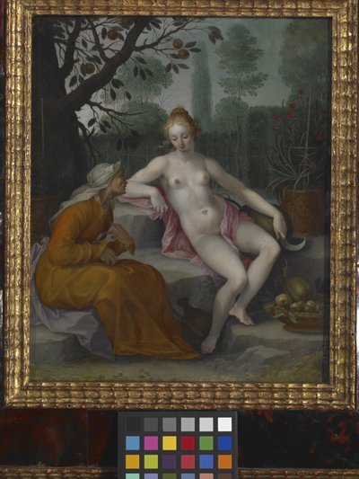 Vertumnus And Pomona (olja på koppar) av Abraham Bloemaert
