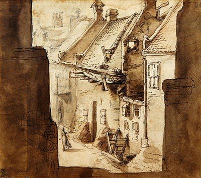 Utsikt från vallar in i en gränd (krita, penna och akvarell på papper) av Abraham Bloemaert