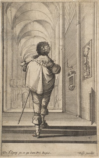 En gentleman sedd bakifrån gå in i en kyrka, ca. 1629. av Abraham Bosse