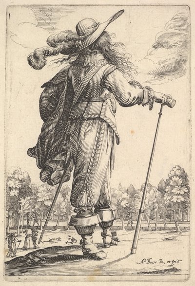 En herre, sedd bakifrån, gående åt höger med käpp och iklädd en plymer ..., 1629. av Abraham Bosse