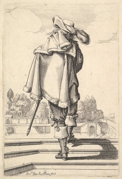 En gentleman, sedd bakifrån, gå uppför ett bröstvärn, med en mantel över sin vänstra axel..., 1629. av Abraham Bosse