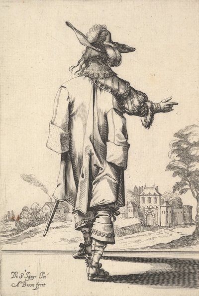 En herre, sedd bakifrån, med höger arm utsträckt och en mantel över vänster s..., 1629. av Abraham Bosse