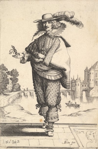 En herre som står framför ett stort slott och bär en plymerad hatt och en spetskrage..., 1629. av Abraham Bosse