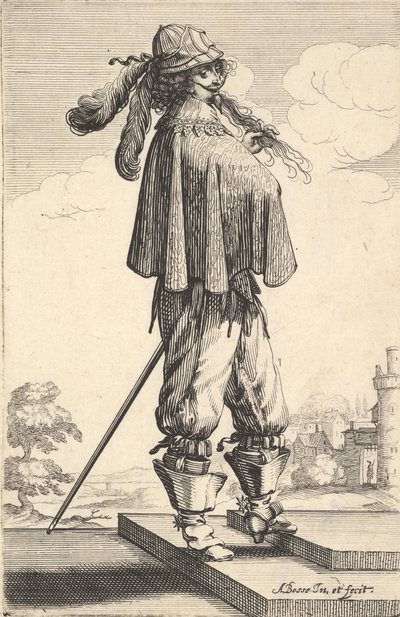 En herre klädd i kort kappa, hjälm och stövlar med sporrar, stående på trappan och..., 1629. av Abraham Bosse