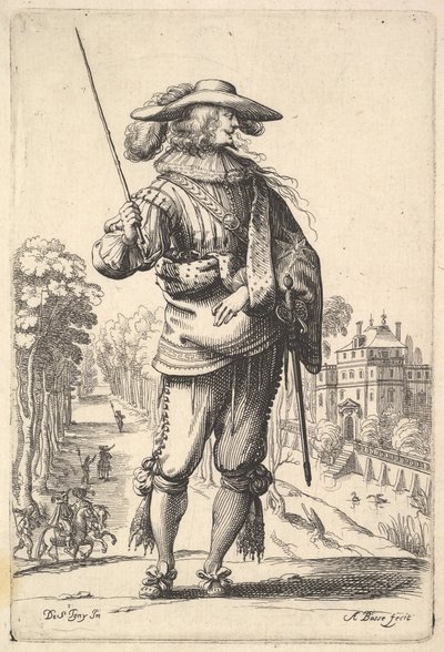 En herre med huvudet vänt åt höger i profil, klädd i plymerhatt och en ..., 1629. av Abraham Bosse