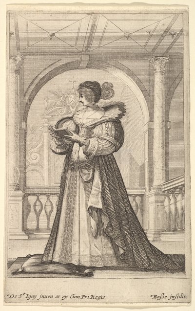En kvinna som står, vänd mot vänster i profil, iklädd hatt och spetskrage, läser..., ca. 1629. av Abraham Bosse