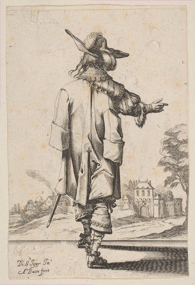 Gentleman sedd bakifrån och pekar mot ett slott, 1629. av Abraham Bosse