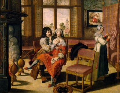 Sense of touch, ca 1635, av Abraham Bosse (1604-1676), efter målning från serie om 5 av okänd konstnär, Frankrike av Abraham Bosse