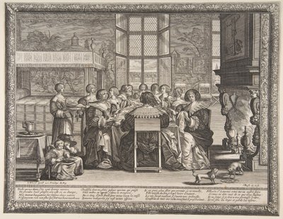 Hustrur vid bordet under sina mäns frånvaro, ca. 1635-36. av Abraham Bosse