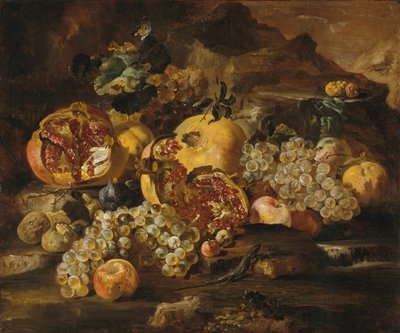 Granatäpplen och annan frukt i ett landskap. av Abraham Brueghel