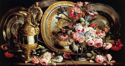 Stilleben med silver och blommor, av Abraham Brueghel (1631-1697), olja på panel av Abraham Brueghel