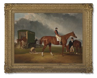 Porträtt av Lord George Bentincks Horse Elis med ryttare, John Day, och tränare, John Doe, Doncaster, 1836 av Abraham Cooper