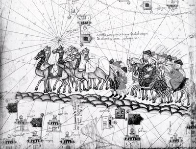 Ms Esp 20 panel 4, Köpmän som reser till Cathay, Kina, följer i Marco Polos fotspår, detalj som visar Marco Polos familj som reser med kamelkaravan, från Catalan Atlas publicerad för Charl av Abraham Cresques
