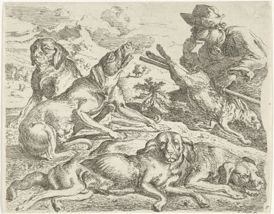 Fyra hundar, en jägare och en hare av Abraham Danielsz. Hondius