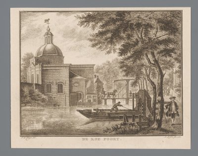 Utsikt över Koepoort i Leiden The Cow Gate (titel på objekt) av Abraham Delfos
