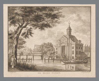 Utsikt över Marepoort i Leiden The Mare Gate (titel på objekt) av Abraham Delfos